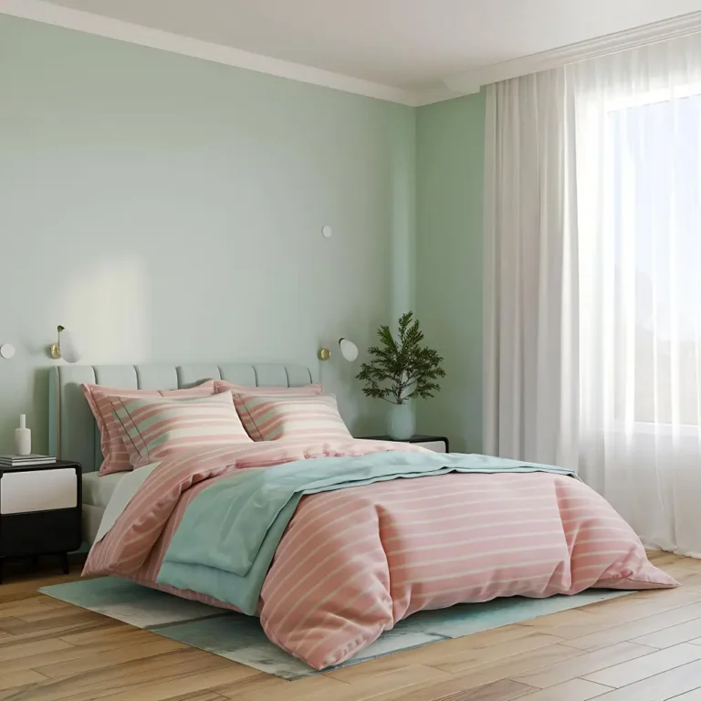 Calm decorated bedroom with upholstered headboard, layered linen bedding, warm lamps, and a large soft rug