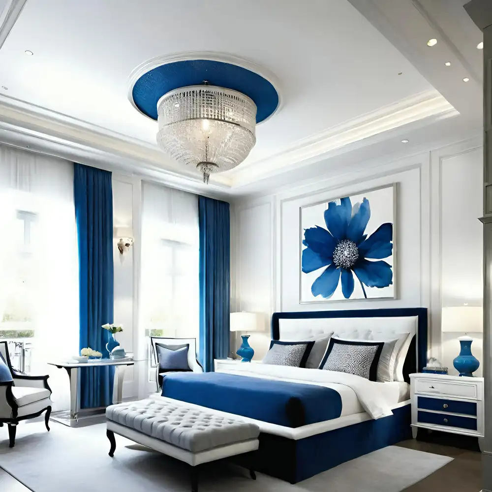 Bedroom showing a clear dominant and accent color split with neutral walls and one repeated accent color on pillows and throw
