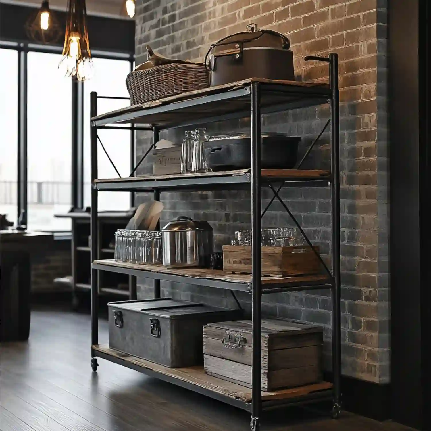 Industrial man cave with exposed brick accent wall, black metal pipe shelving, dark leather sofa, and cage pendant lights