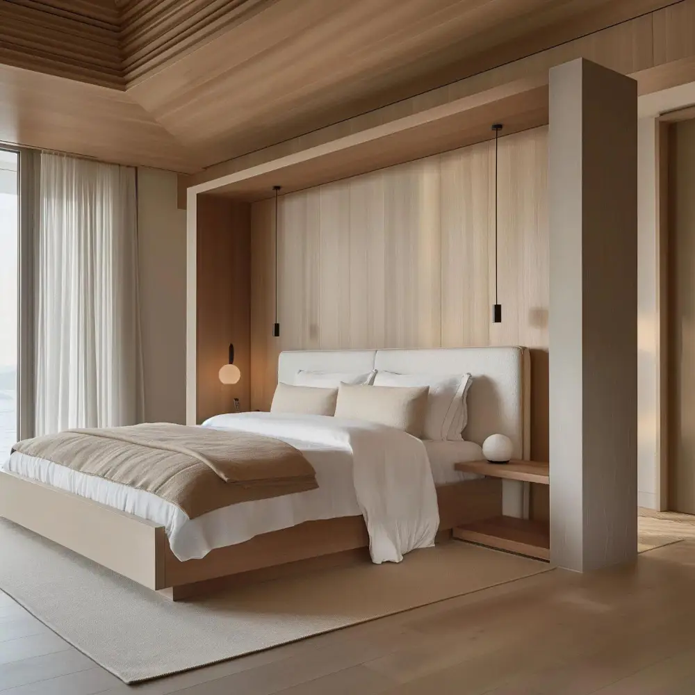 Low oak platform bed close to the floor in a calm japandi bedroom with linen bedding and visible wood floor