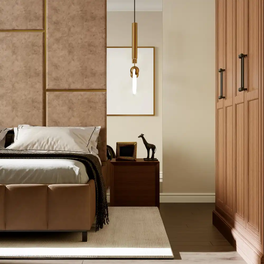 Japandi bedroom ideas with two matte wood tones, a pale oak bed and a walnut stool on a wool rug