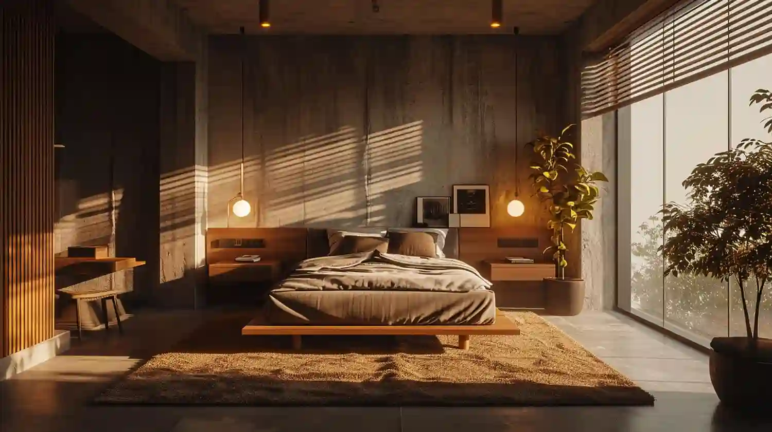 Serene japandi bedroom with muted greige walls, a low oak platform bed, linen bedding, and soft lamp light