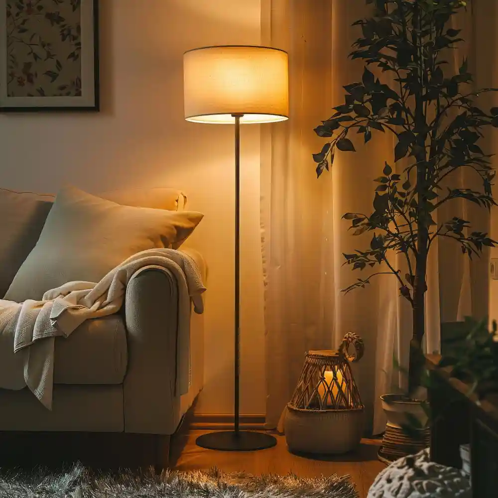 Warm 2700K layered lighting with a paper lantern and low table lamp in a calm japandi bedroom at dusk