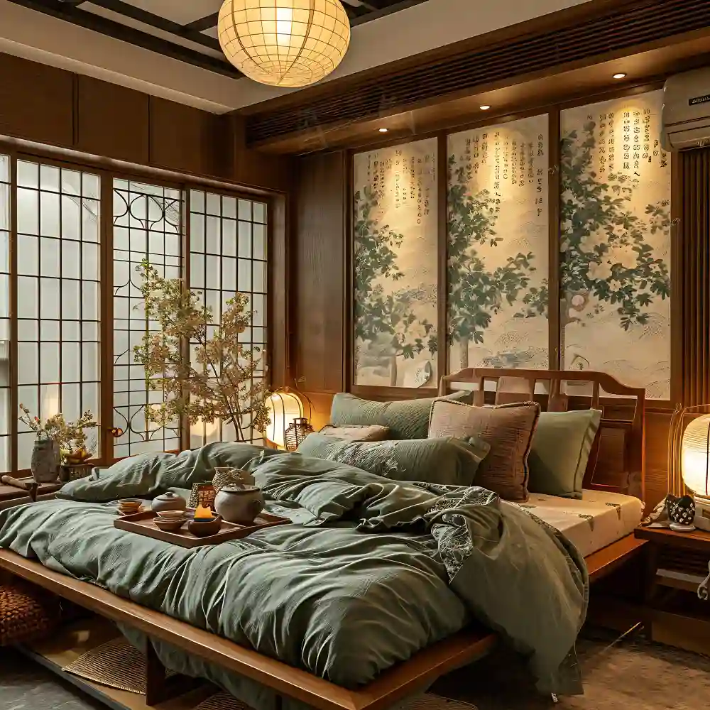 Japandi bedroom blending low wood furniture, warm neutrals, and a paper-shade lamp for a calm look