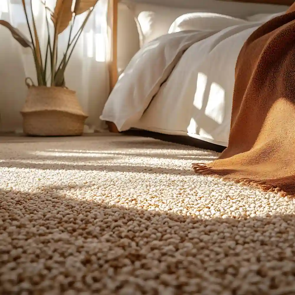 Wool and jute rug layered under a bed in a warm beige and cream bedroom with wide border