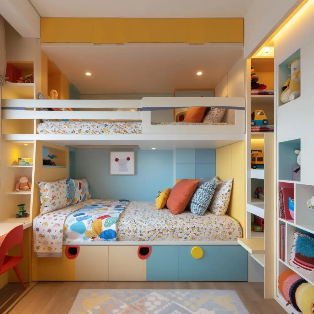 Shared kids bedroom with two beds, color-coded bedding, low open cubbies, and labeled storage bins