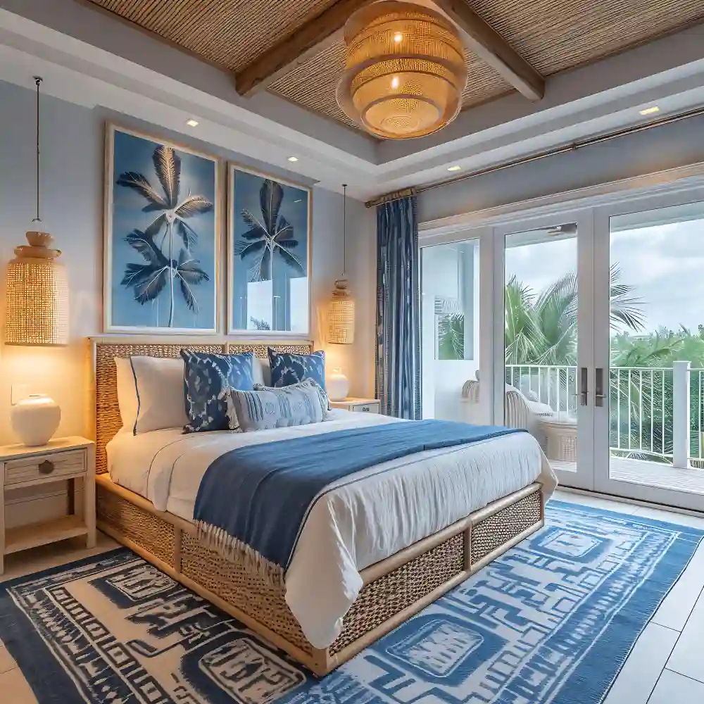 Large jute area rug placed over rental carpet in a bedroom with warm neutral furniture and layered textiles