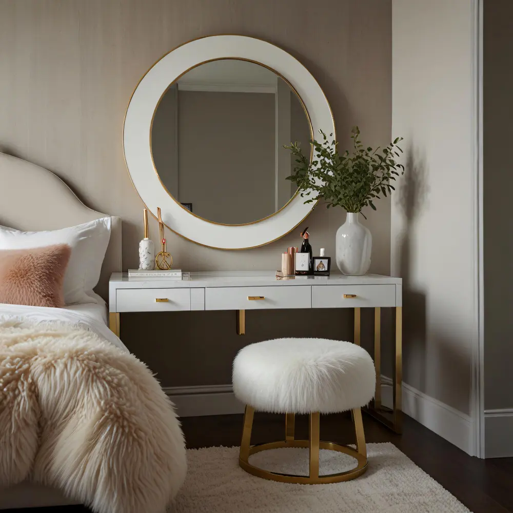 Large brass-framed leaning mirror beside a bedroom wardrobe reflecting warm ambient lamplight