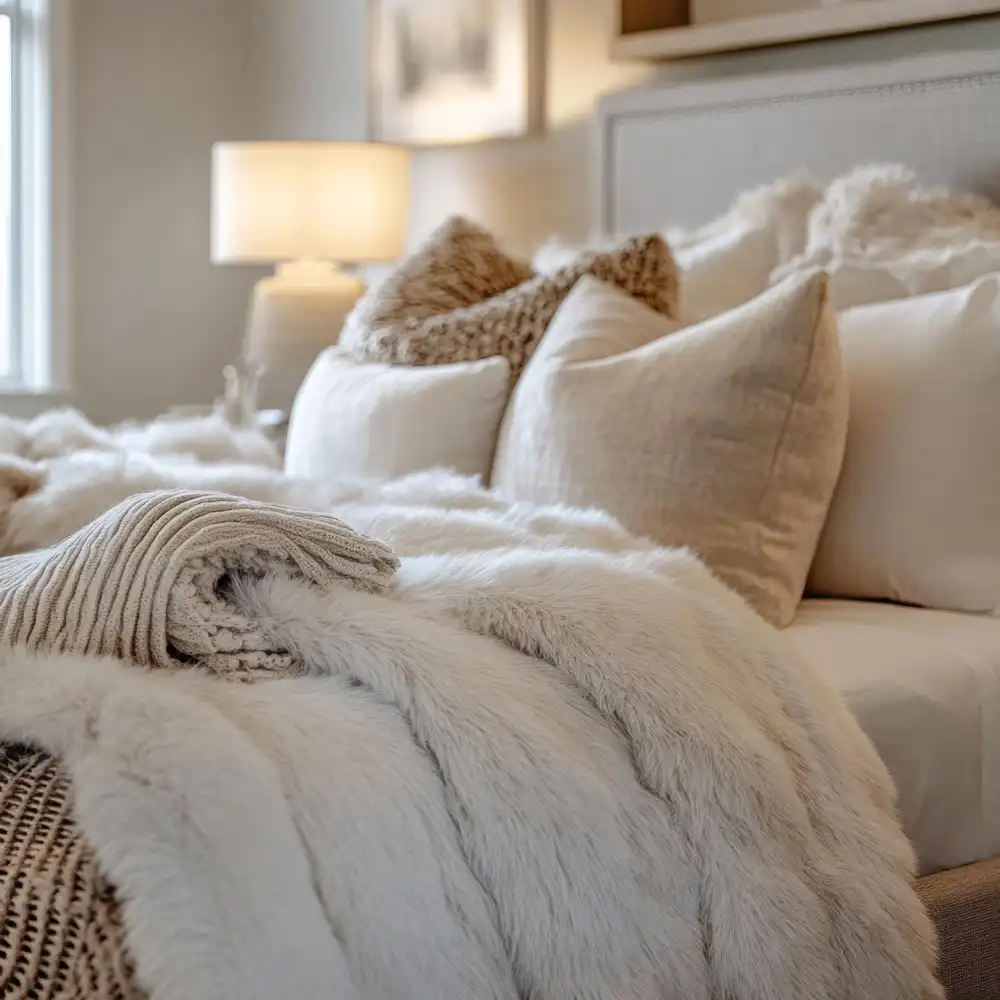 Close-up of a layered bed showing sheet fold, full duvet, Euro shams, and a knit throw in neutral tones