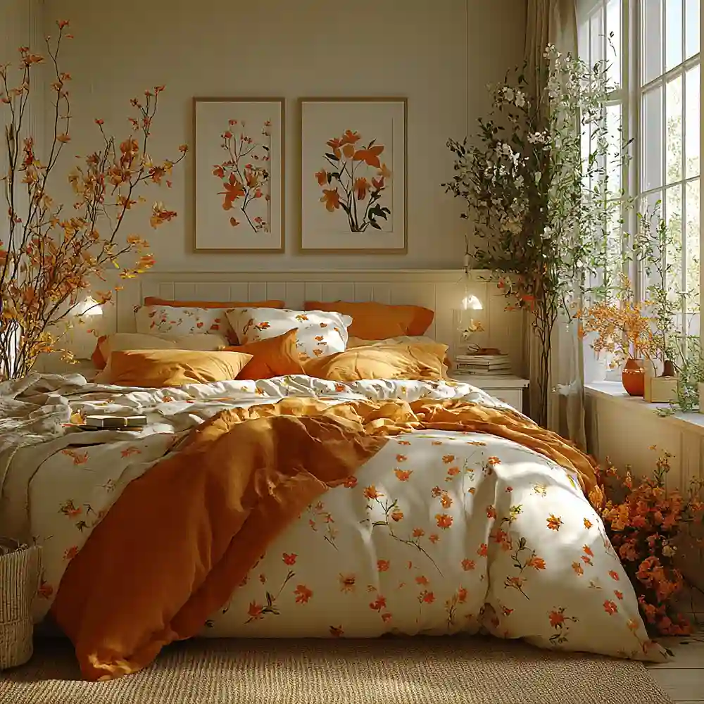 Layered bedroom bed with cotton sheets, linen duvet, and chunky knit throw draped at the foot in cream tones