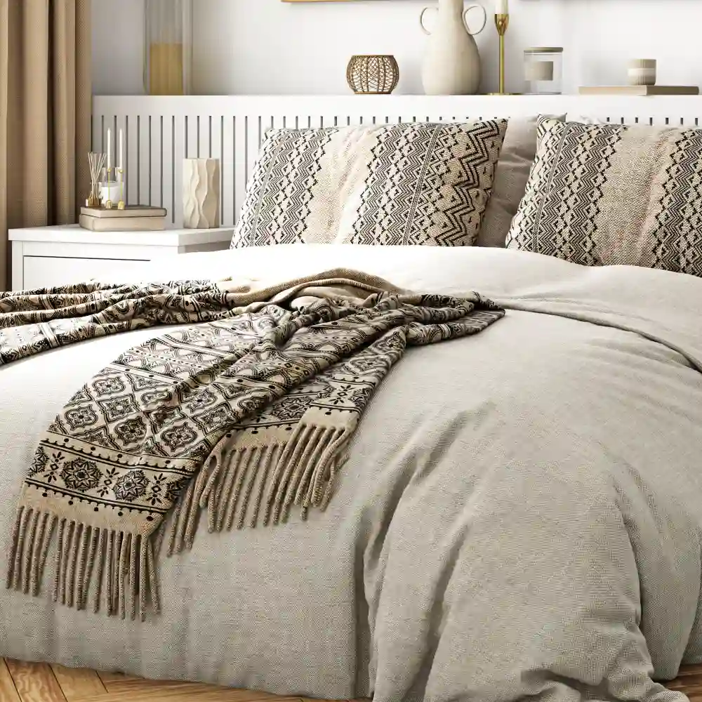 Close-up of layered bedding mixing cream linen, knit wool throw, and velvet pillows in warm tones