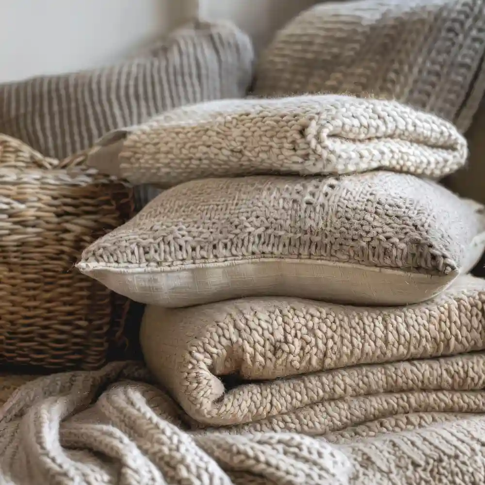 Close-up of layered beige textures including washed linen, chunky boucle, and a wool throw