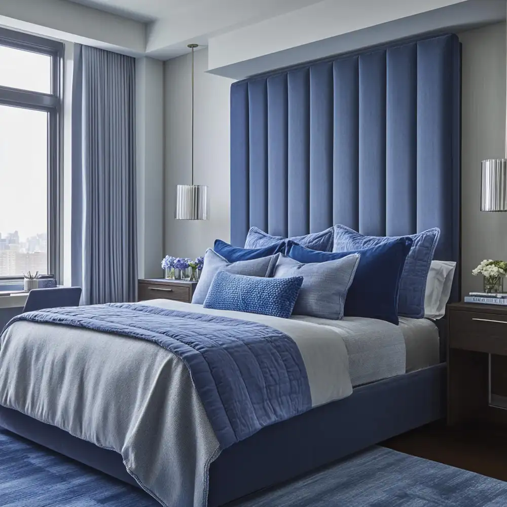 Upholstered cream boucle leaning headboard panel against a white rental bedroom wall with layered bedding