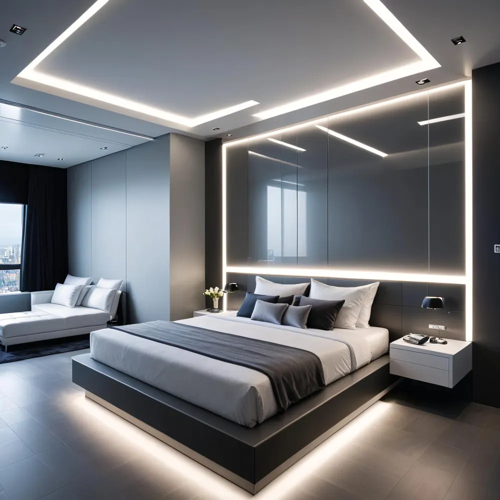 Rental bedroom with warm LED strip lights under the bed frame creating ambient 2700K glow at night