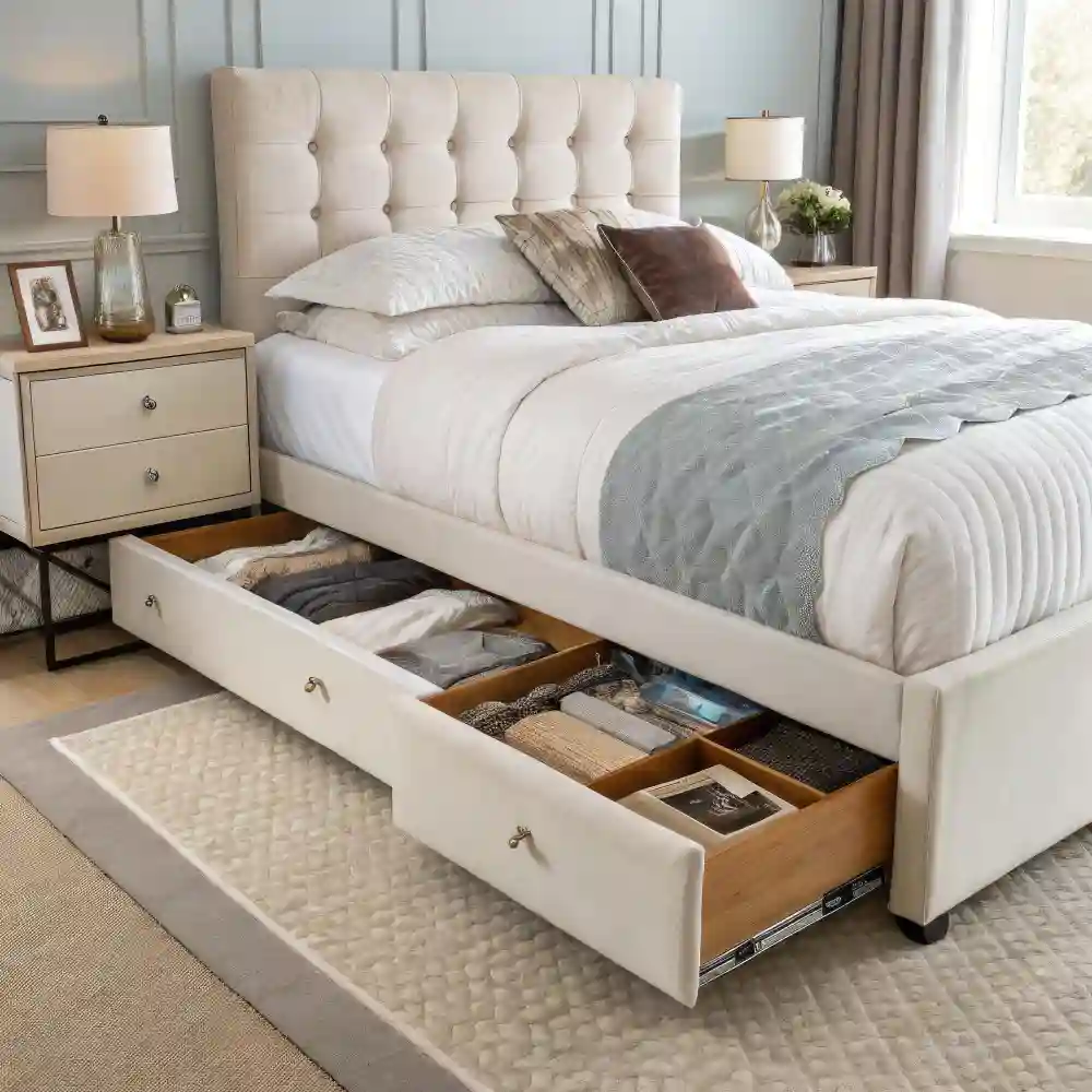 Lift-up ottoman storage bed with the mattress platform raised to show deep hidden compartment