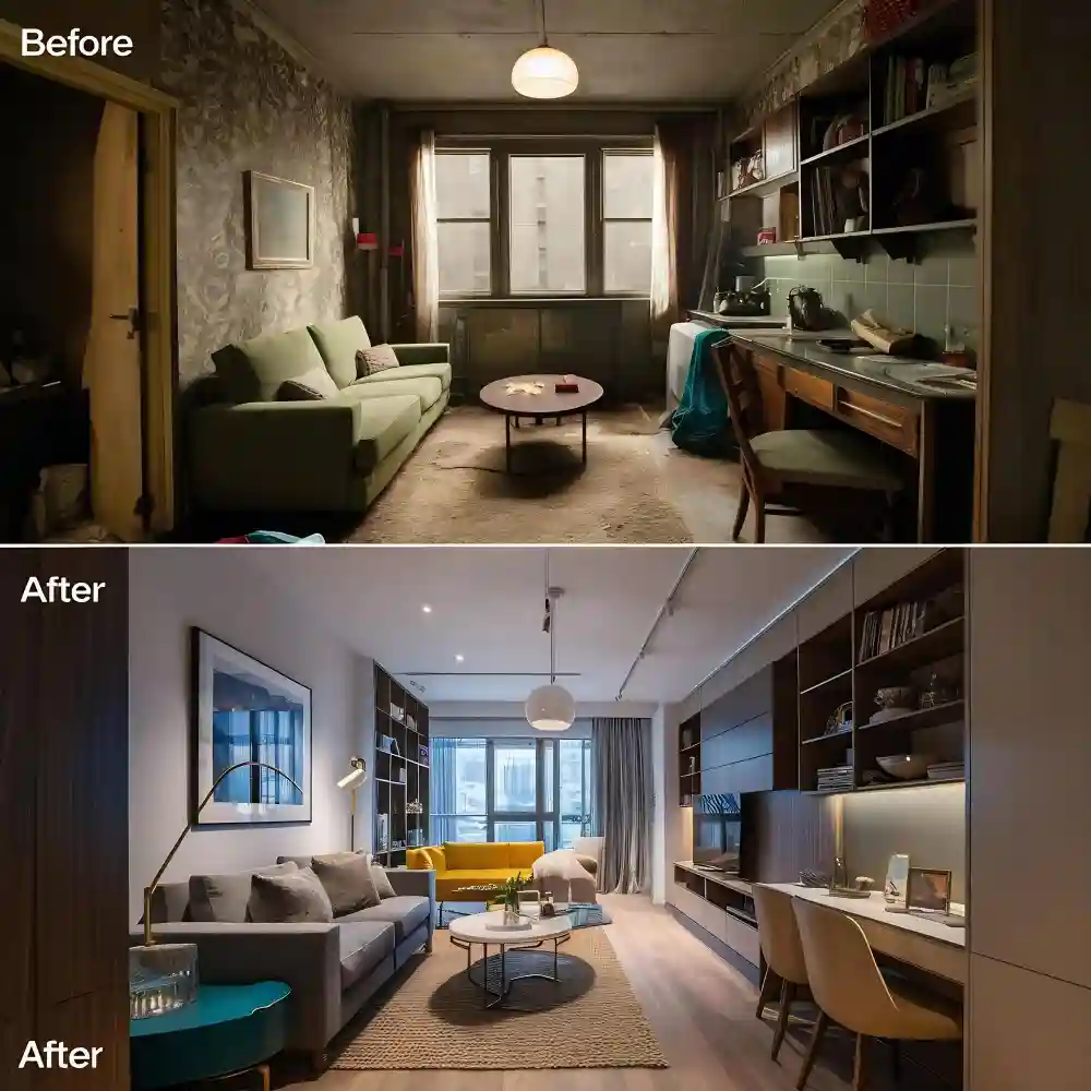 Before and after comparison of single harsh overhead light versus warm layered lighting in the same living room