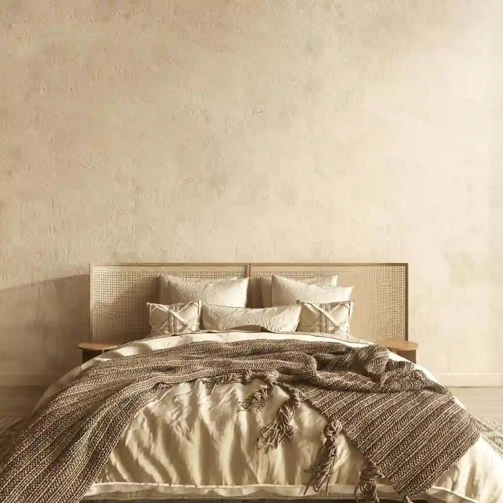 Limewash textured plaster wall behind a bed in soft clay tone catching warm afternoon light