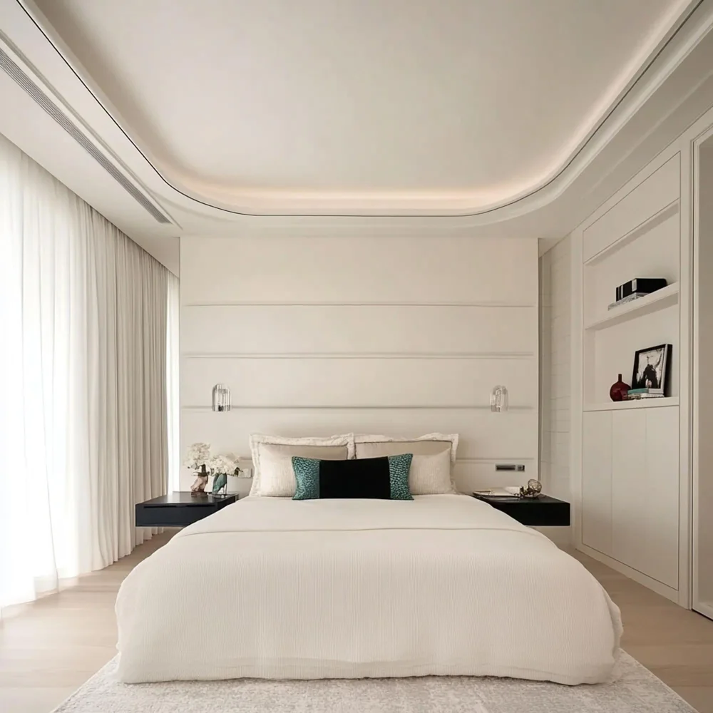 Sheer natural linen canopy panels hung from a ceiling track above a cream-bedded bedroom