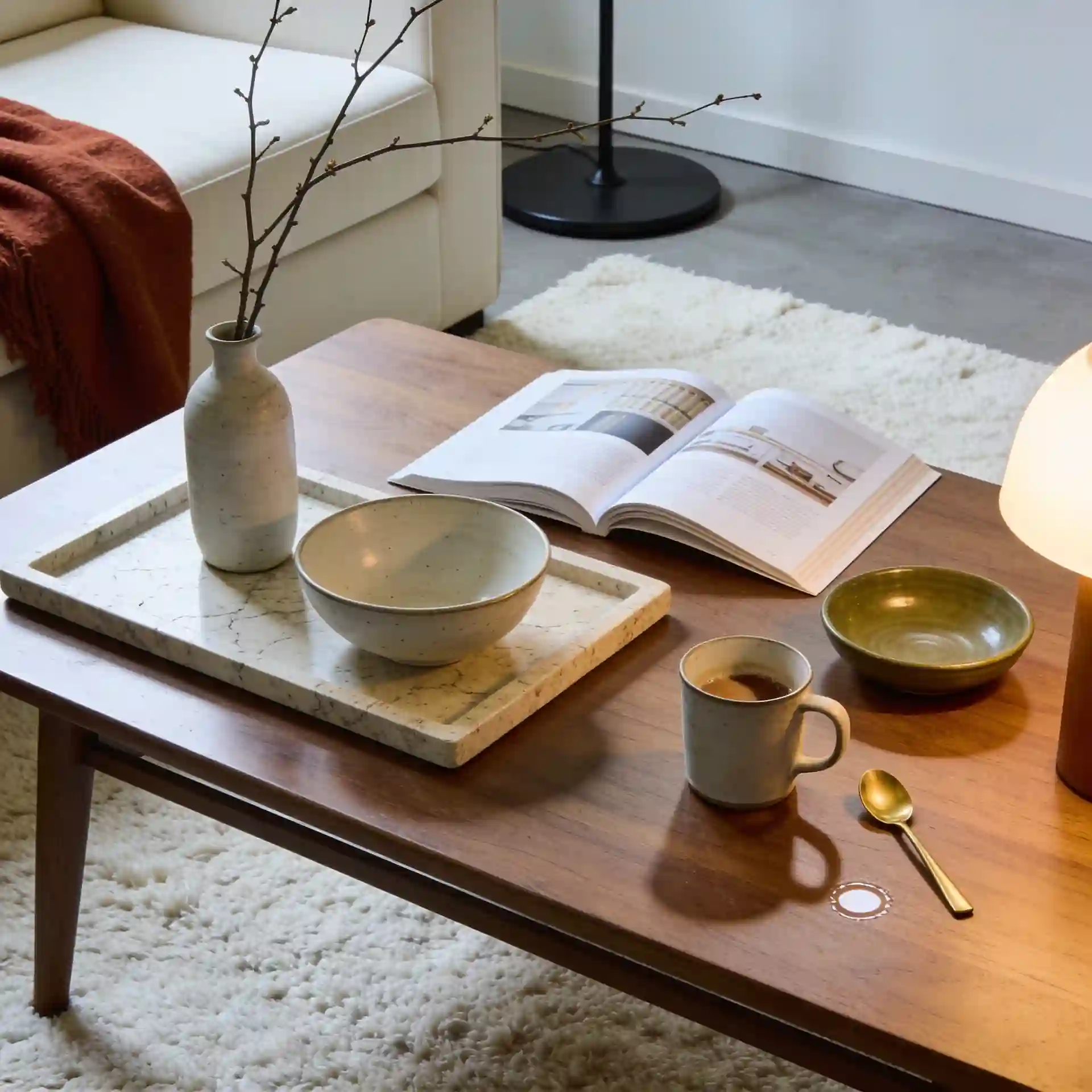 Livable elevated living room with closed storage, large rug, plants, lamps, and cream sofa