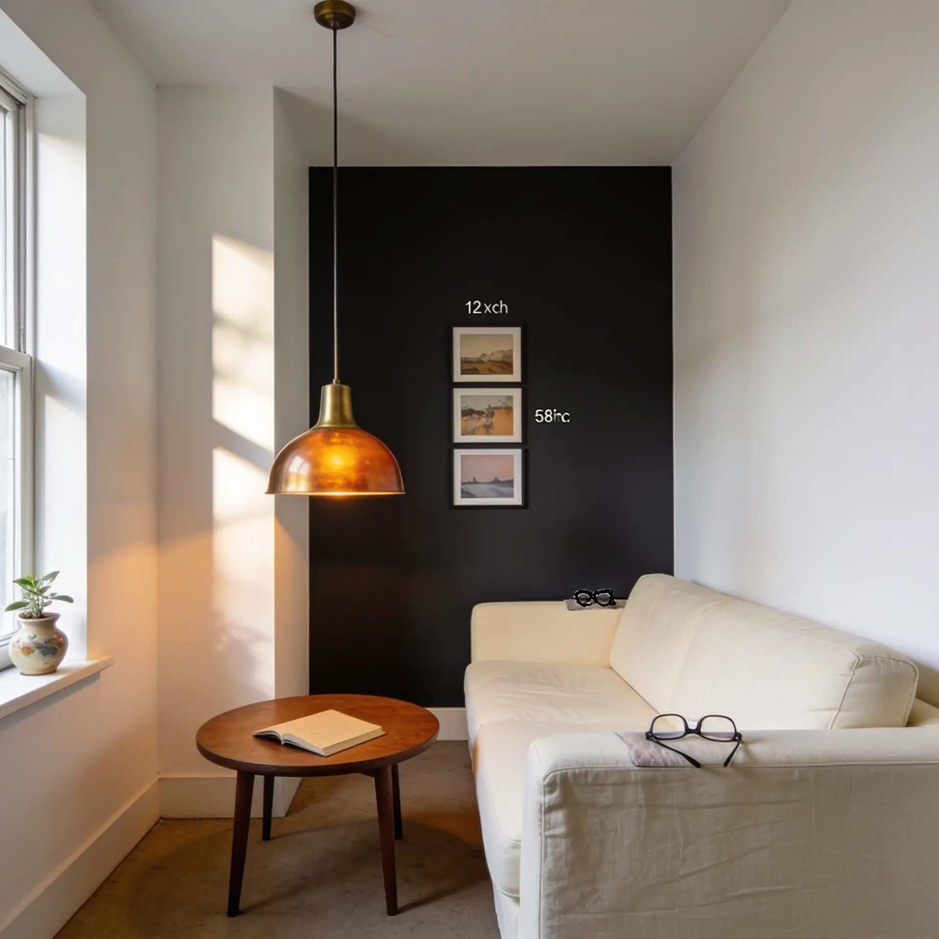 Small living room with a single deep charcoal accent wall and three pale surrounding walls creating visual depth