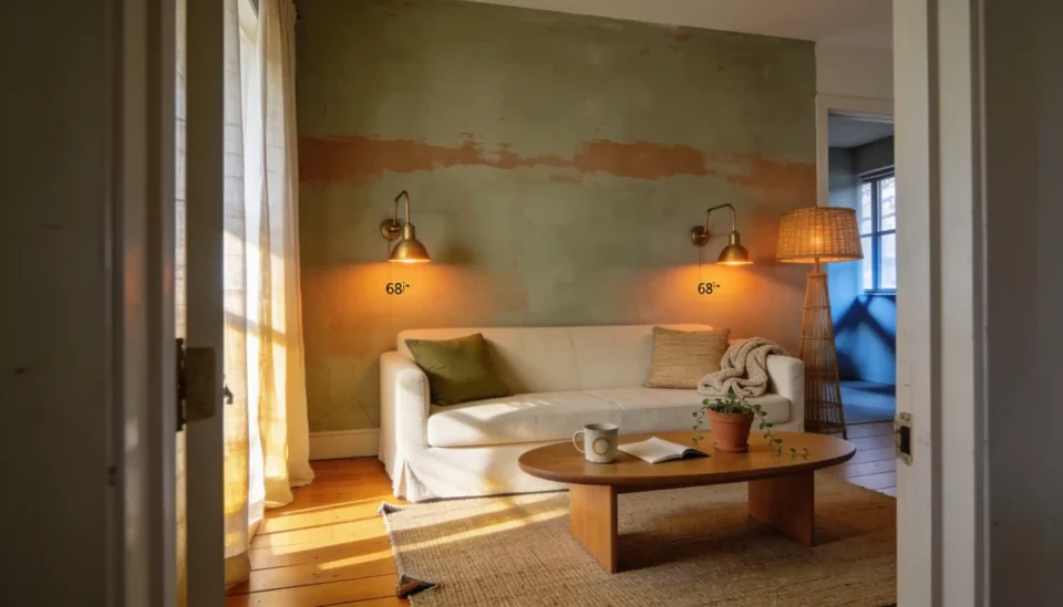 Wide living room with a layered limewash accent wall in warm clay behind a cream linen sofa and brushed brass sconces