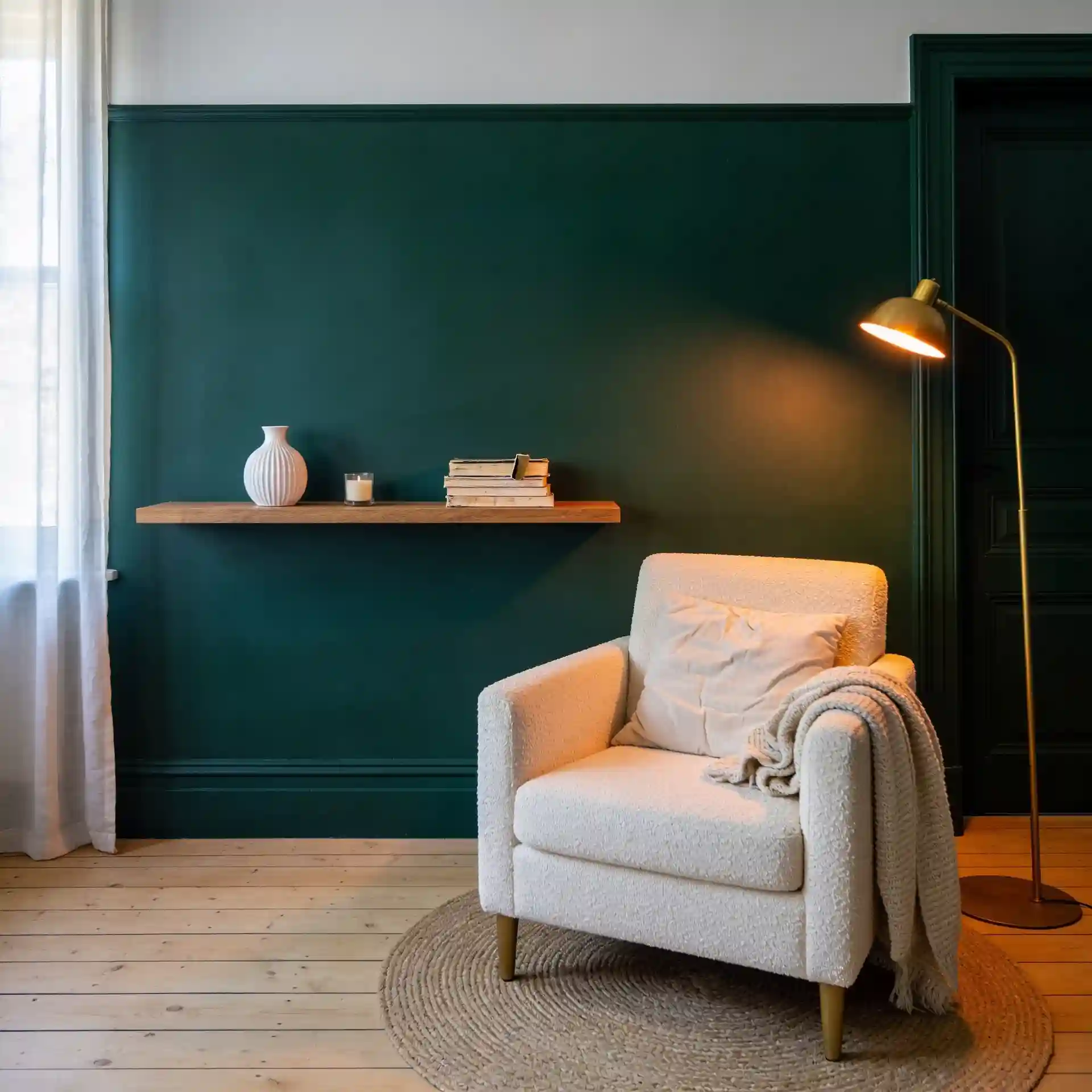 Living room corner showing a deep forest green accent wall with matching trim behind a cream boucle armchair and brass floor lamp