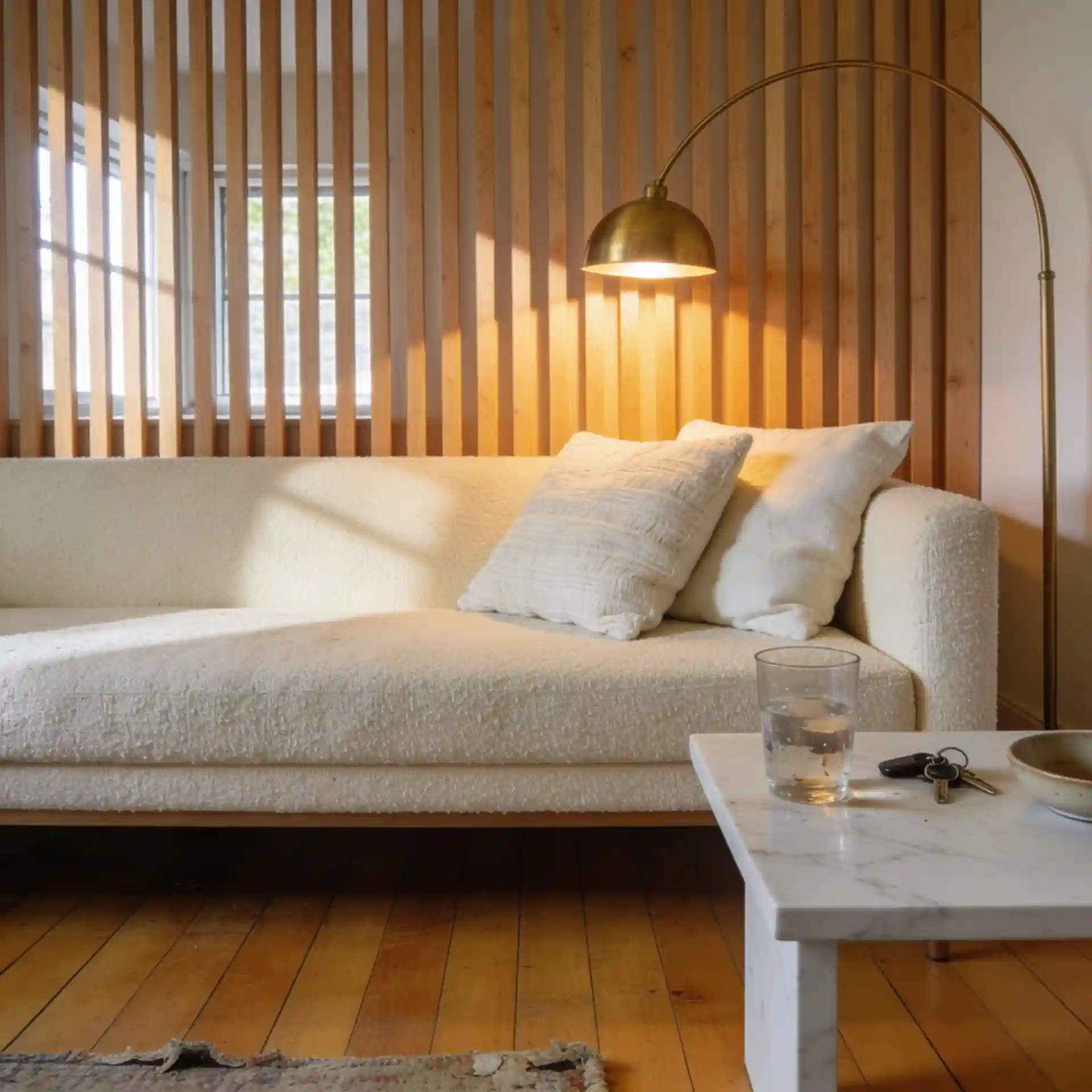 Living room showing vertical oak wood slat accent wall echoing the warm honey oak hardwood floor below it