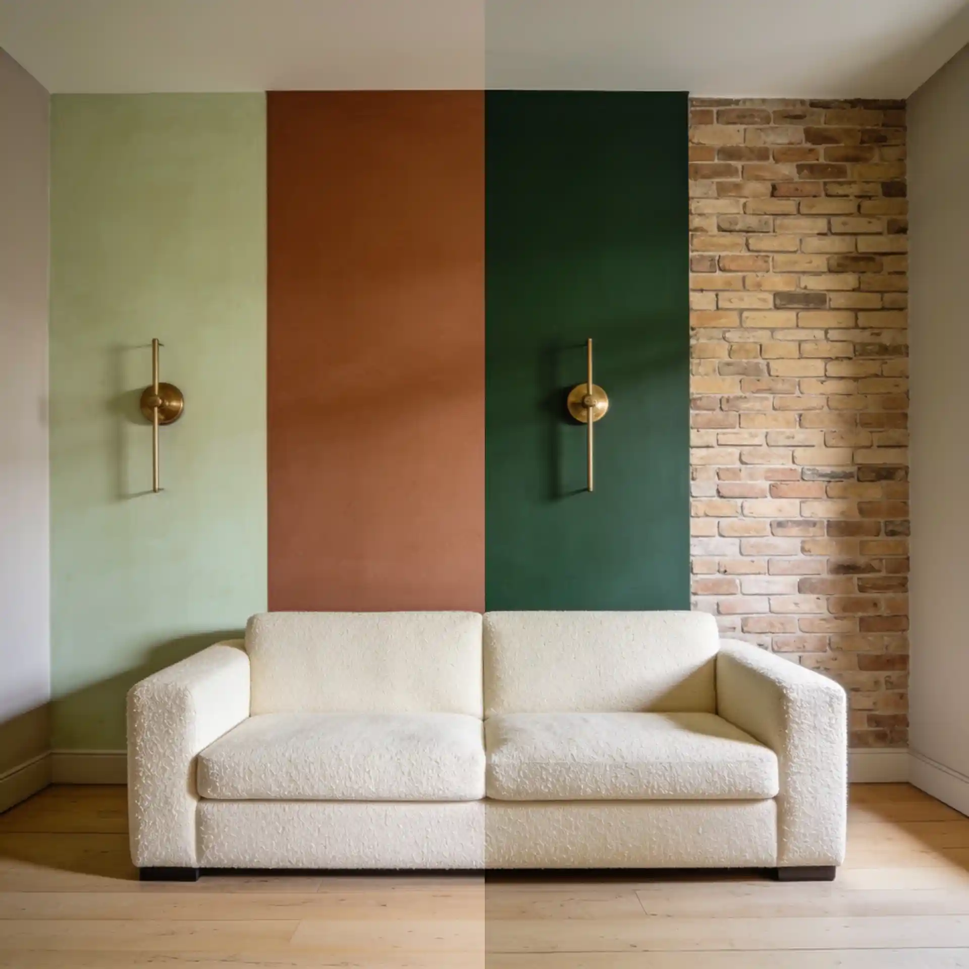 Side-by-side comparison of a resolved single accent wall versus two competing accent walls creating visual tension in the same living room