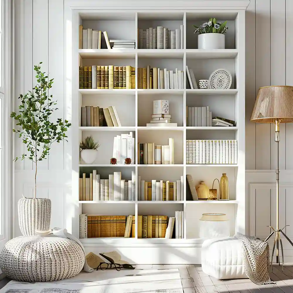 Built-in shelves for living room spanning one full wall beside a window, styled with stacked books, ceramics, and open empty sections