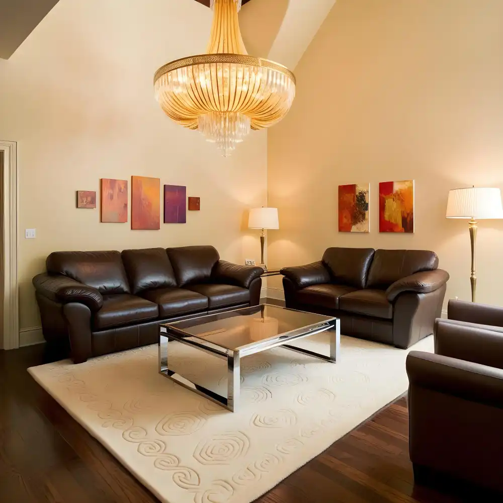 Wide living room view showing three lighting layers — overhead pendant, floor lamp, and table lamp at different heights