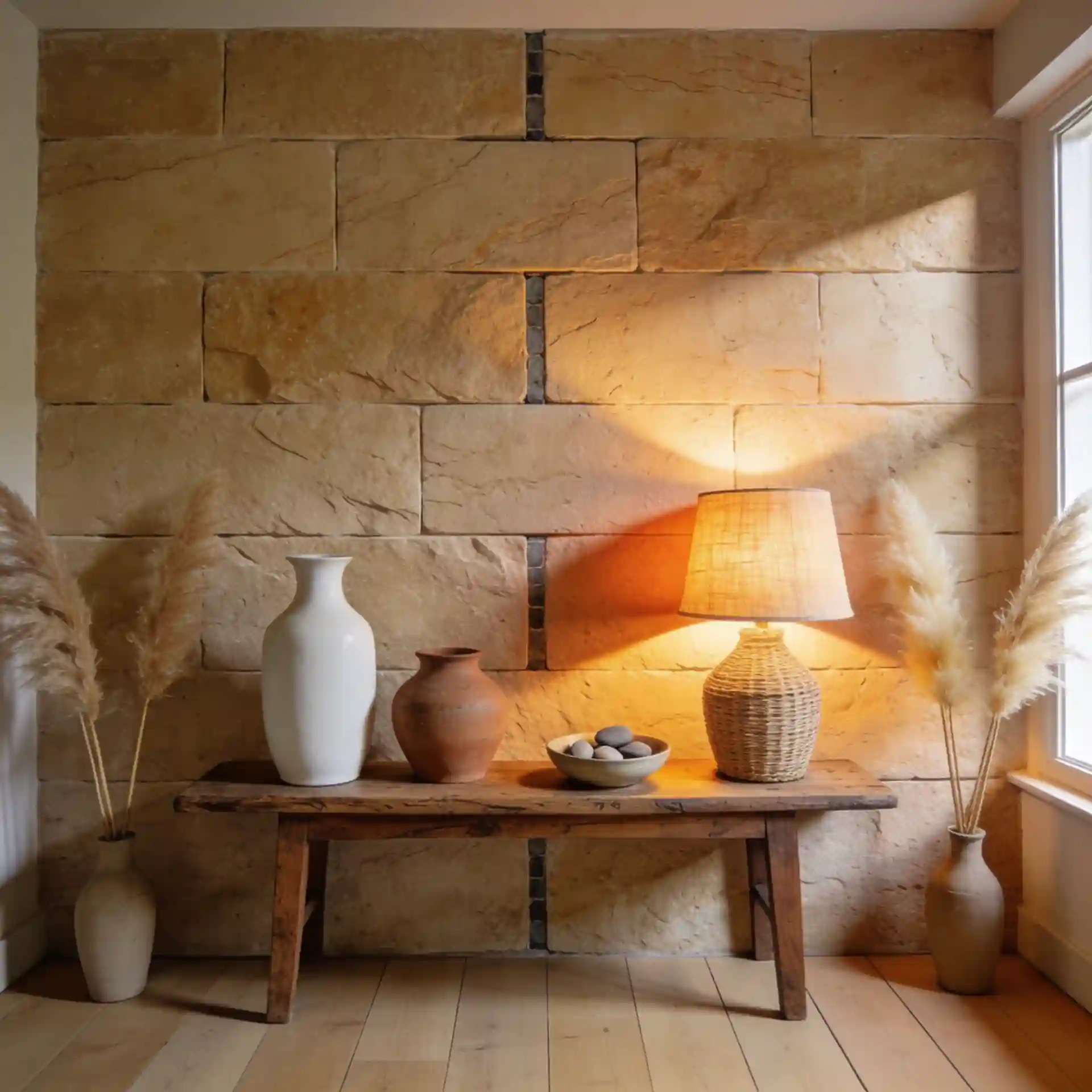 Living room accent wall ideas: thin stone veneer wall behind a walnut console table with terracotta ceramic vases and warm pendant lighting