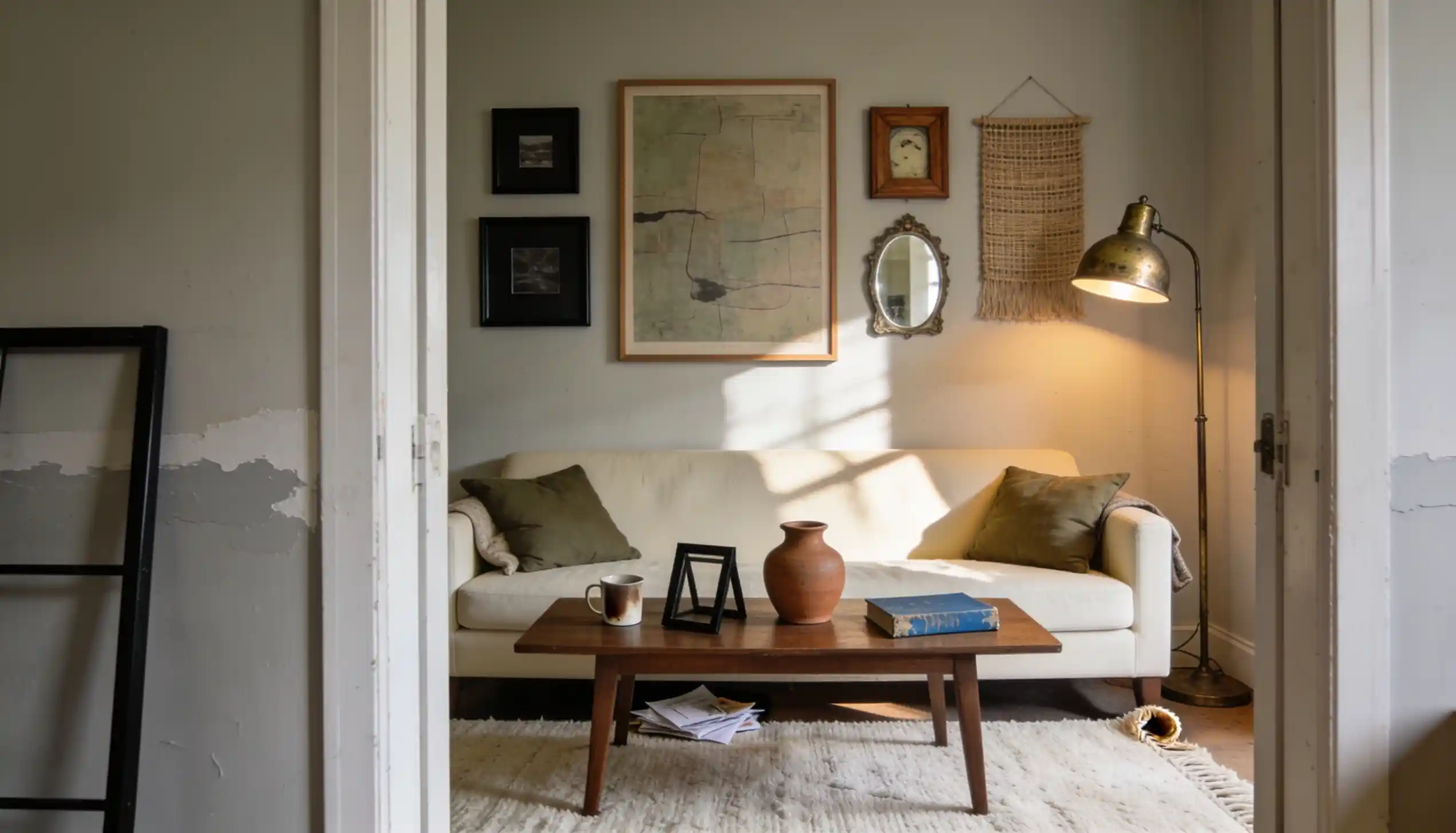 Living room wall decor ideas with gallery art, cream sofa, warm lamps, and walnut table