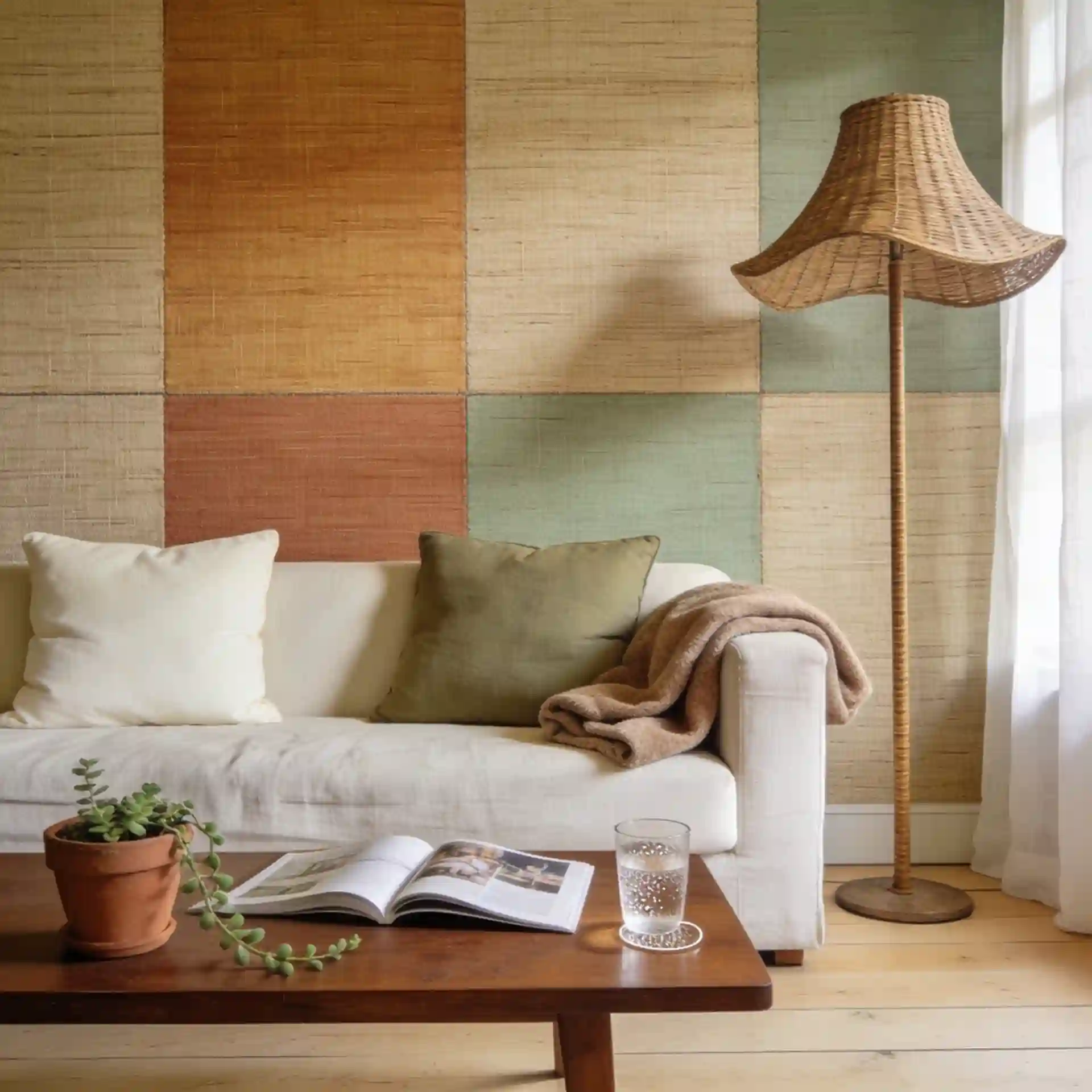 Natural jute grasscloth wallpaper accent wall in a living room behind a linen sofa with a rattan floor lamp