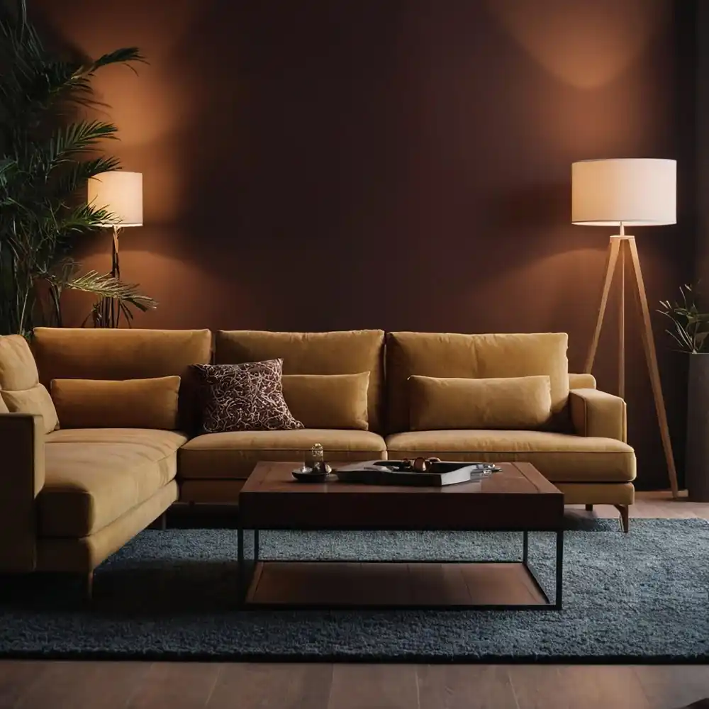 Living room sofa corner with 2700K warm white table lamp casting amber glow on cream linen upholstery