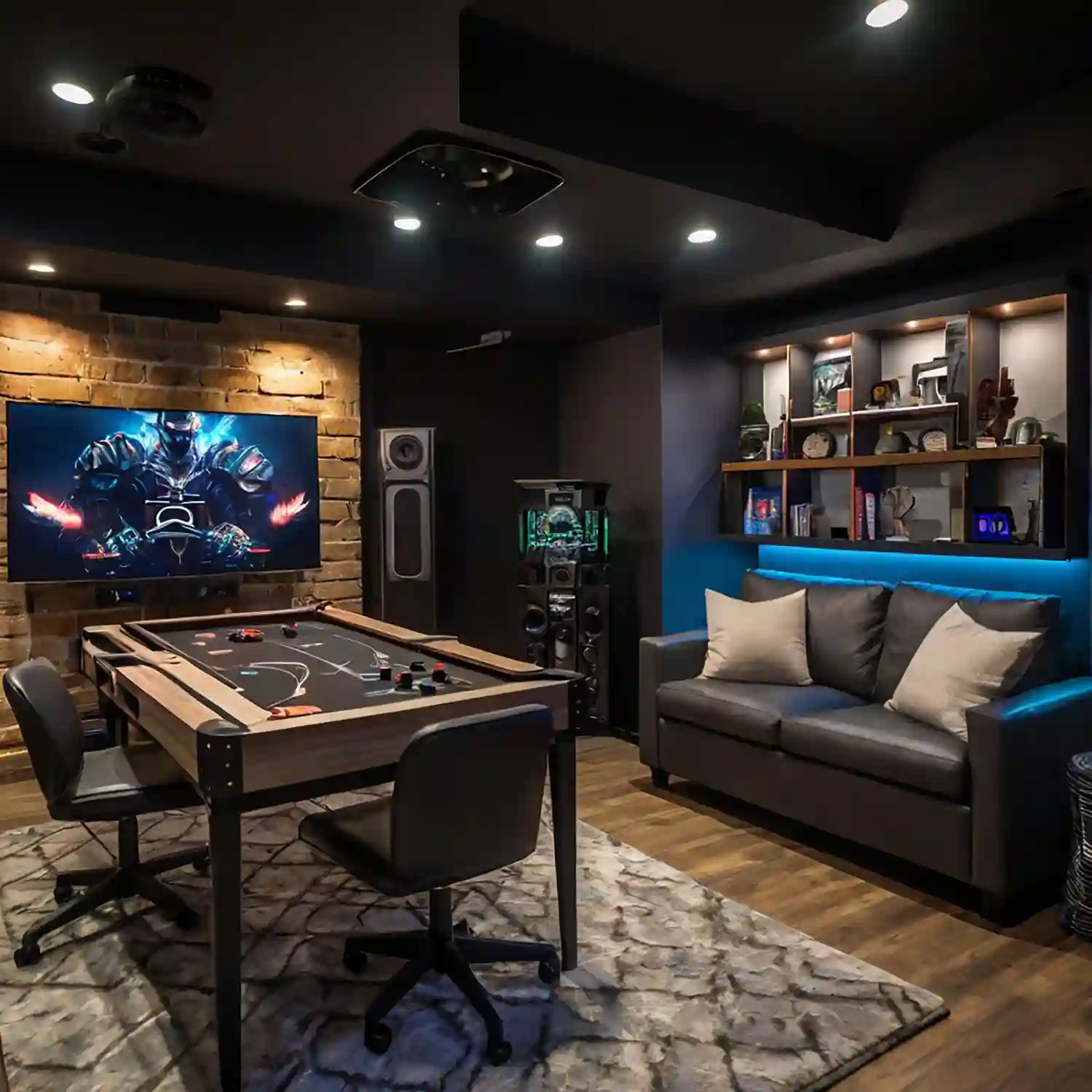 Loft bonus room above garage finished as a classy man cave with leather sofa, swing-arm sconces, and dark walls