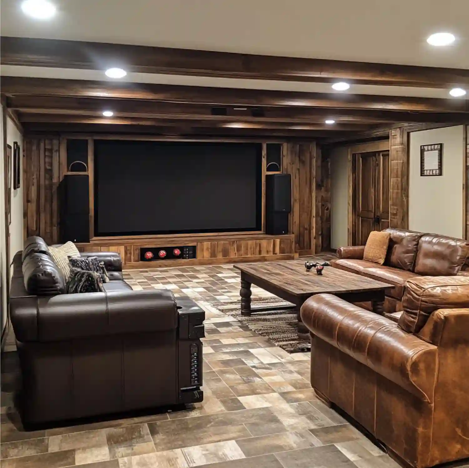 Loft bonus room above garage finished as a classy man cave with leather sofa, swing-arm sconces, and dark walls