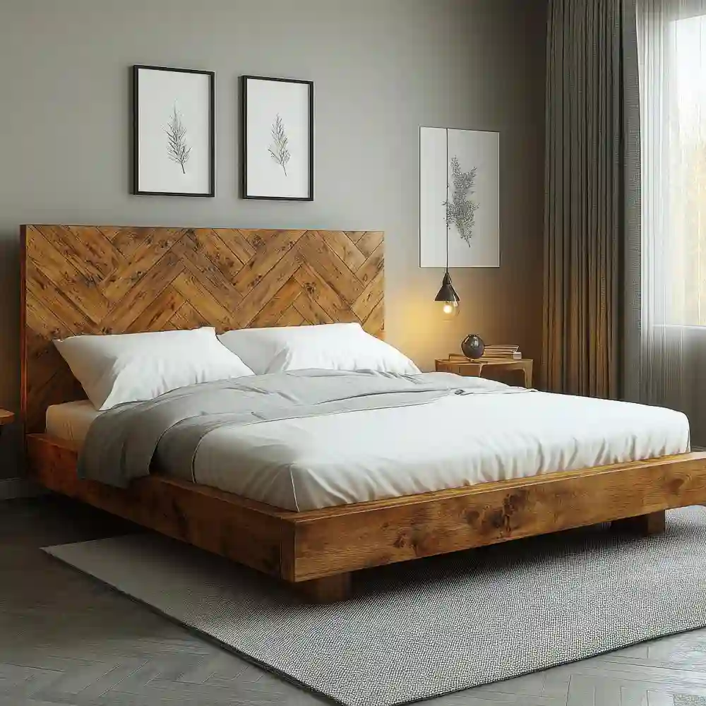 Low-profile walnut platform bed close to the floor with clean lines and a simple low wood headboard