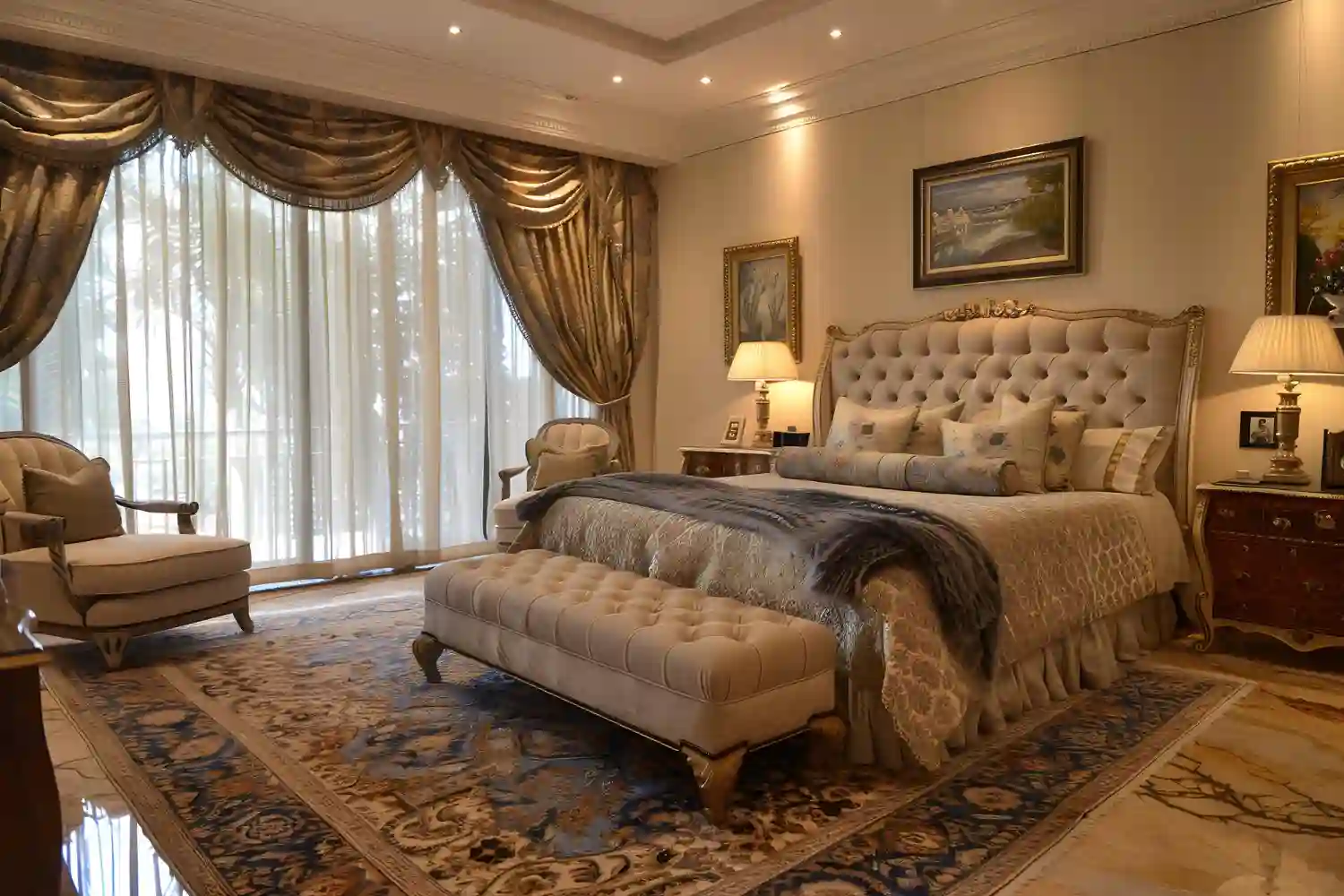 Calm luxurious bedroom with tall upholstered headboard, warm lamps, floor-length curtains, and a large rug under the bed