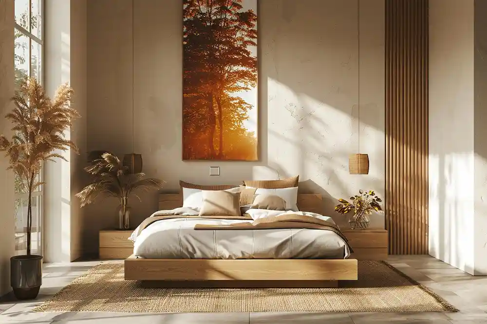 Tall channel-tufted oatmeal linen headboard above a layered neutral bed in a calm luxurious bedroom