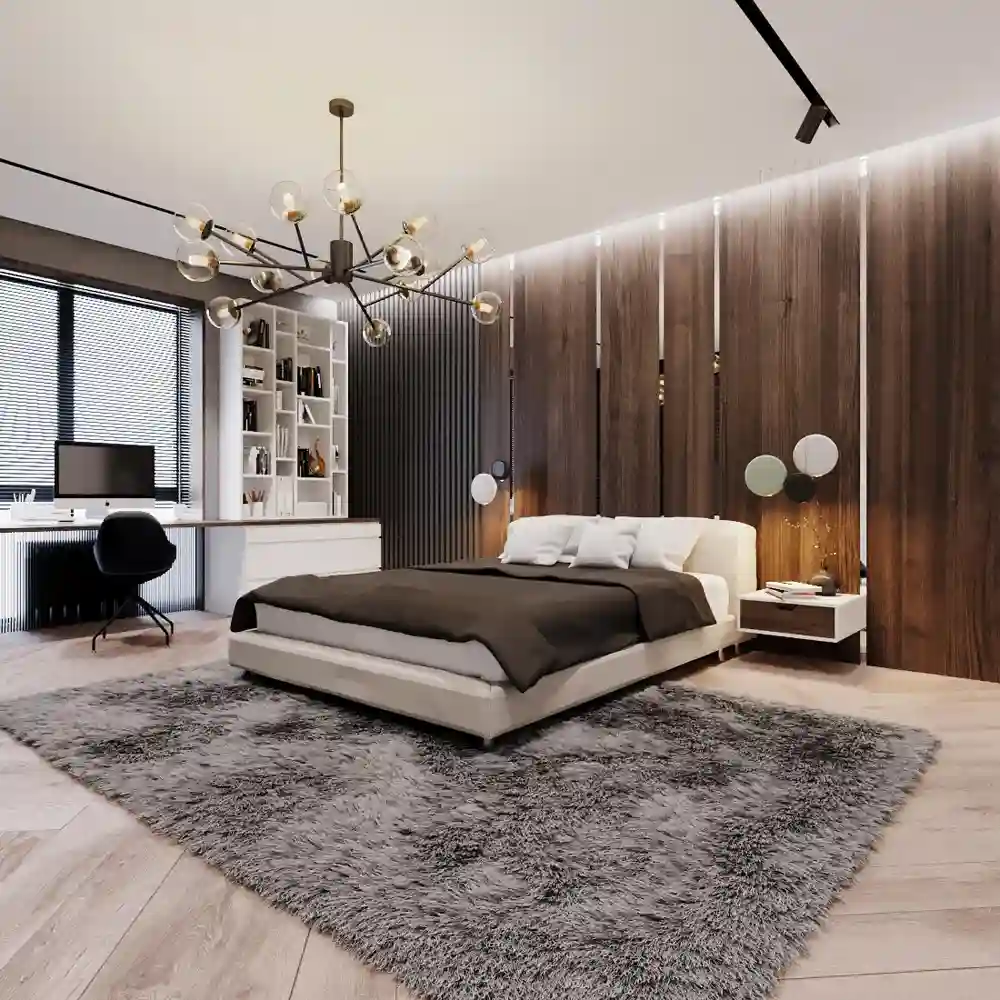 Floor-length linen drapery hung near the ceiling framing a window in a luxury bedroom