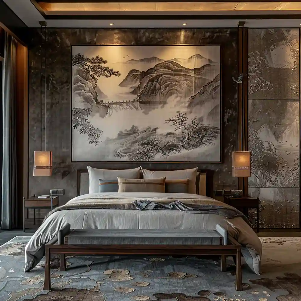Large quiet abstract artwork hung above an upholstered bed in a luxury master bedroom