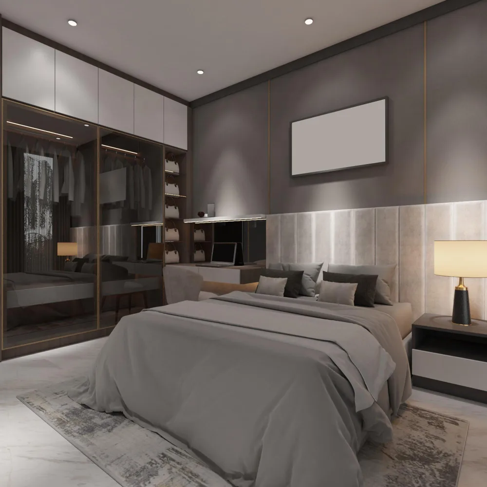 Tall velvet upholstered headboard anchoring a styled luxury master bedroom
