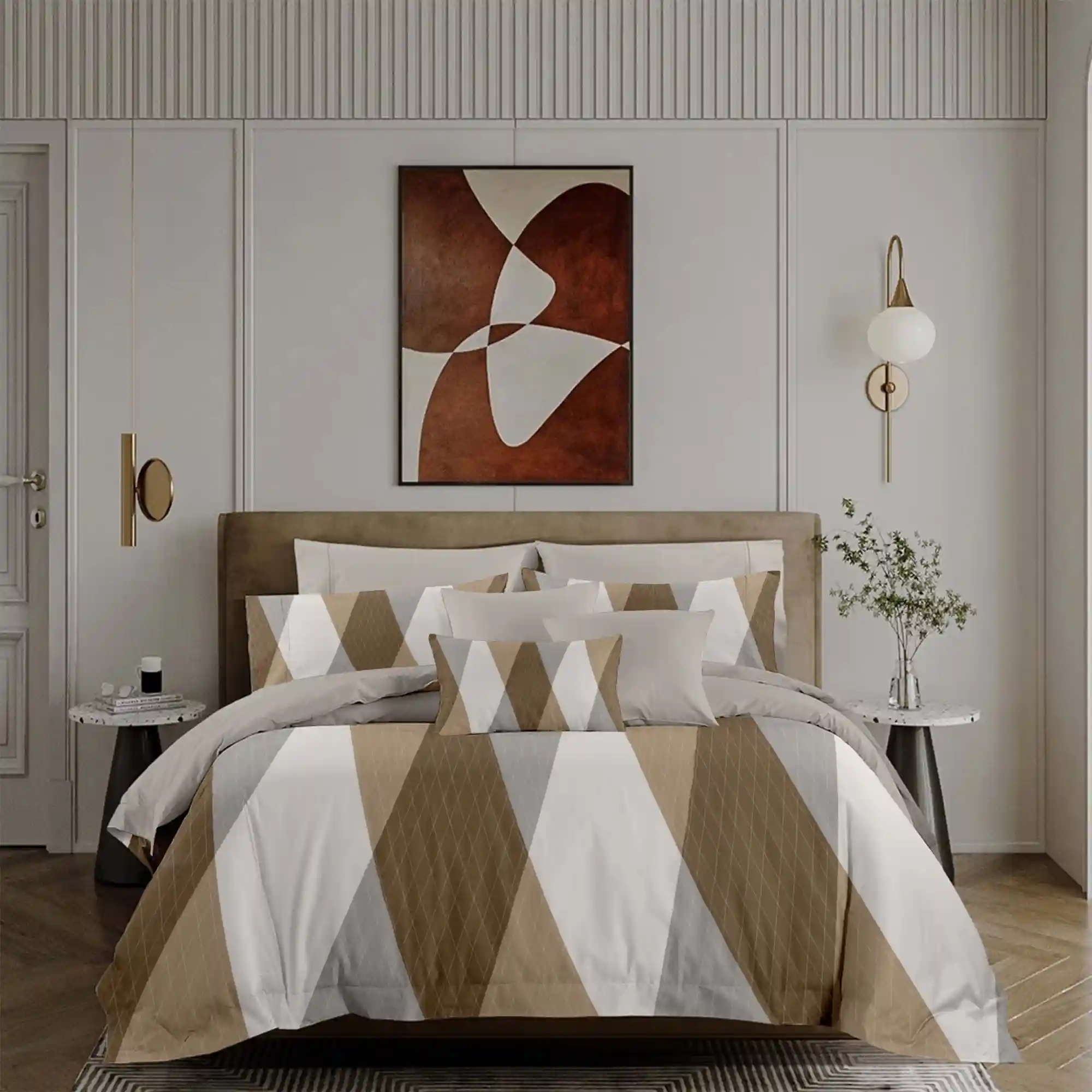 Warm layered lighting and sconces in a room built with luxury master bedroom ideas for a soft evening glow