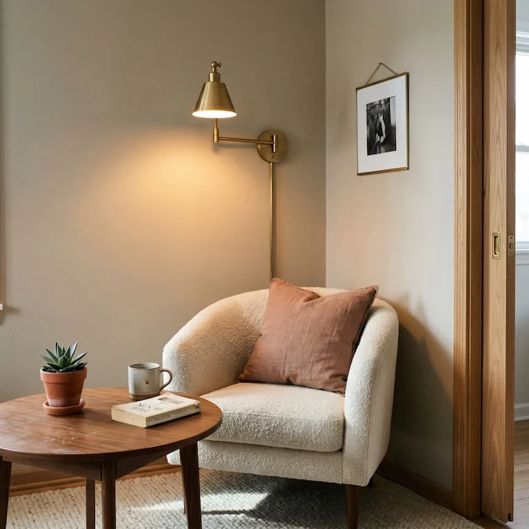 Luxury living room reading corner with velvet accent chair, brushed brass sconce, and styled walnut side table