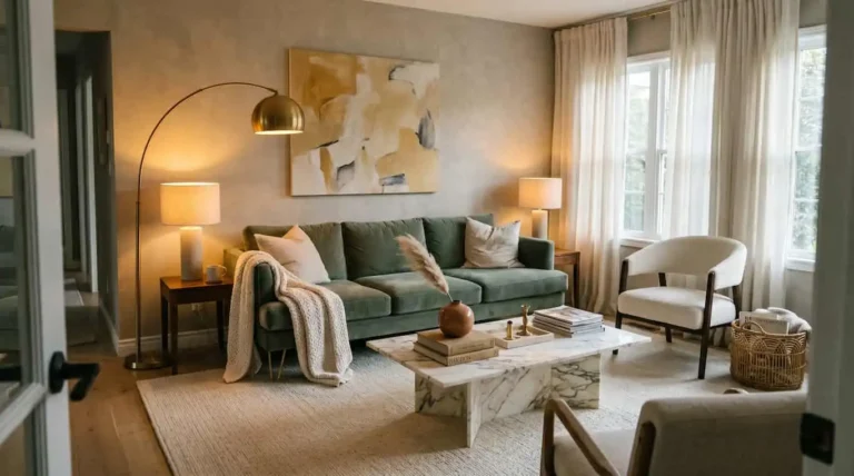 Luxurious living room with sage velvet sofa, brass arc lamp, marble coffee table, and layered warm textiles