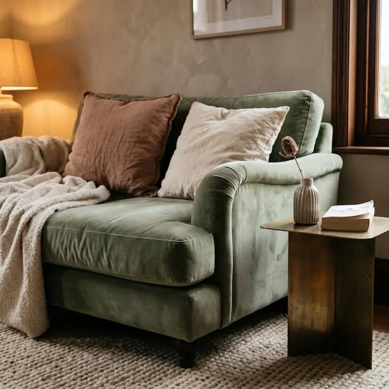 Living room detail showing boucle cream throw, linen cushions, and brushed brass side table lamp at 2700K