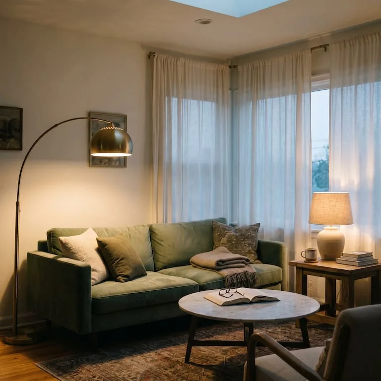 Luxury living room ideas — layered lighting from brass arc lamp, table lamps, and sheer curtain window glow at dusk