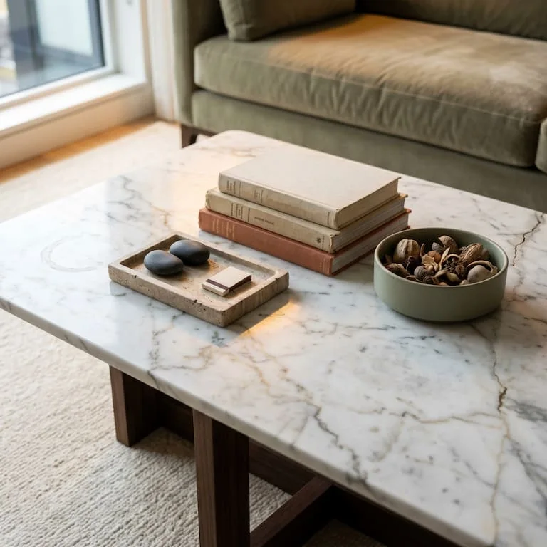Close-up of luxury living room textures — velvet upholstery, marble surface, and hand-knotted ivory wool rug