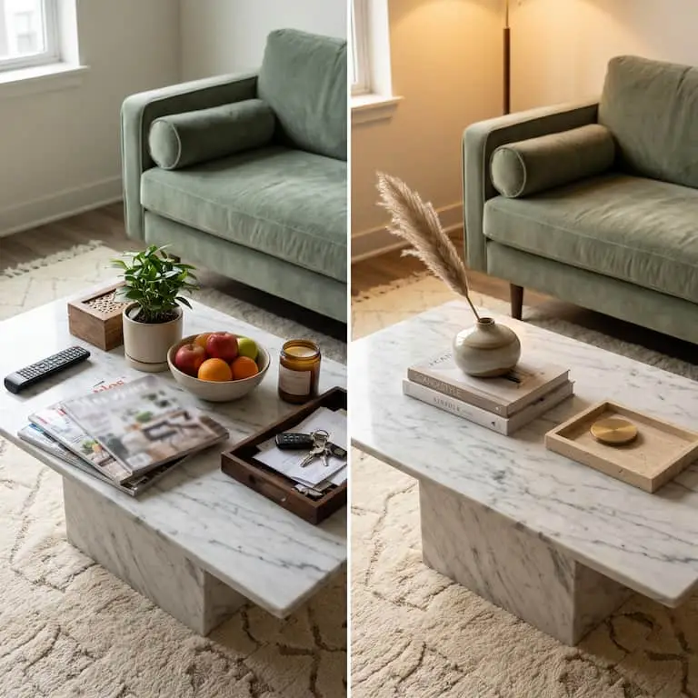 Split view comparing cluttered versus edited luxury living room coffee table styling