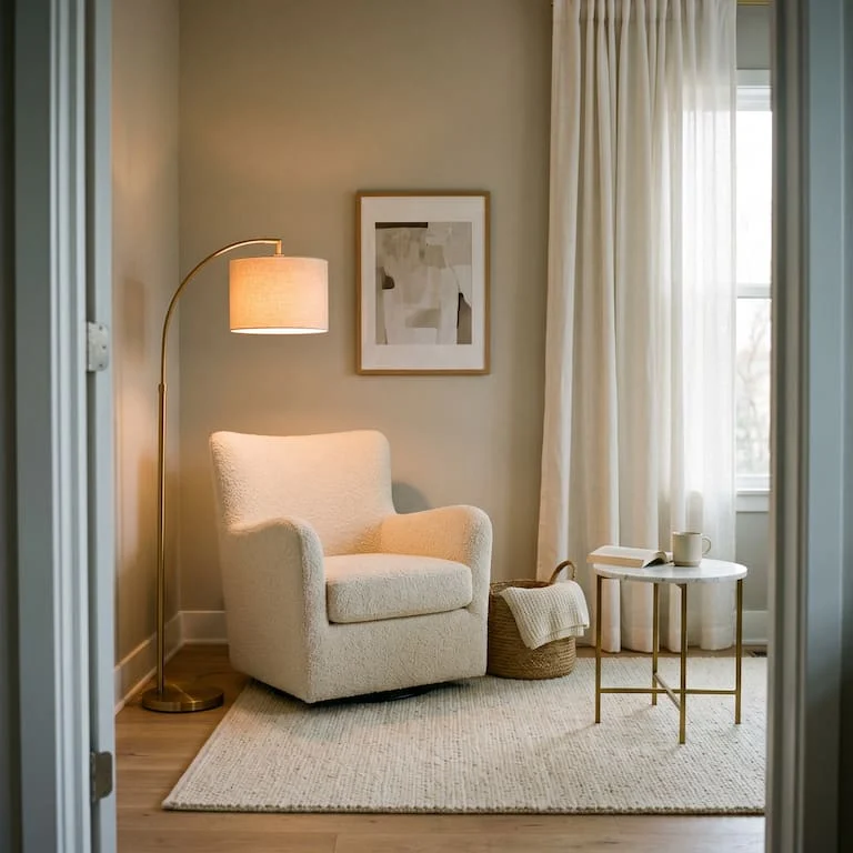 Small luxury living room with ceiling-height linen curtains, boucle armchair, and marble round side table
